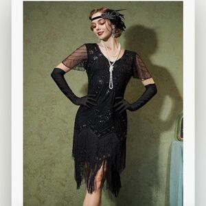 Elegant Black Sequin Fringe Midi Dress